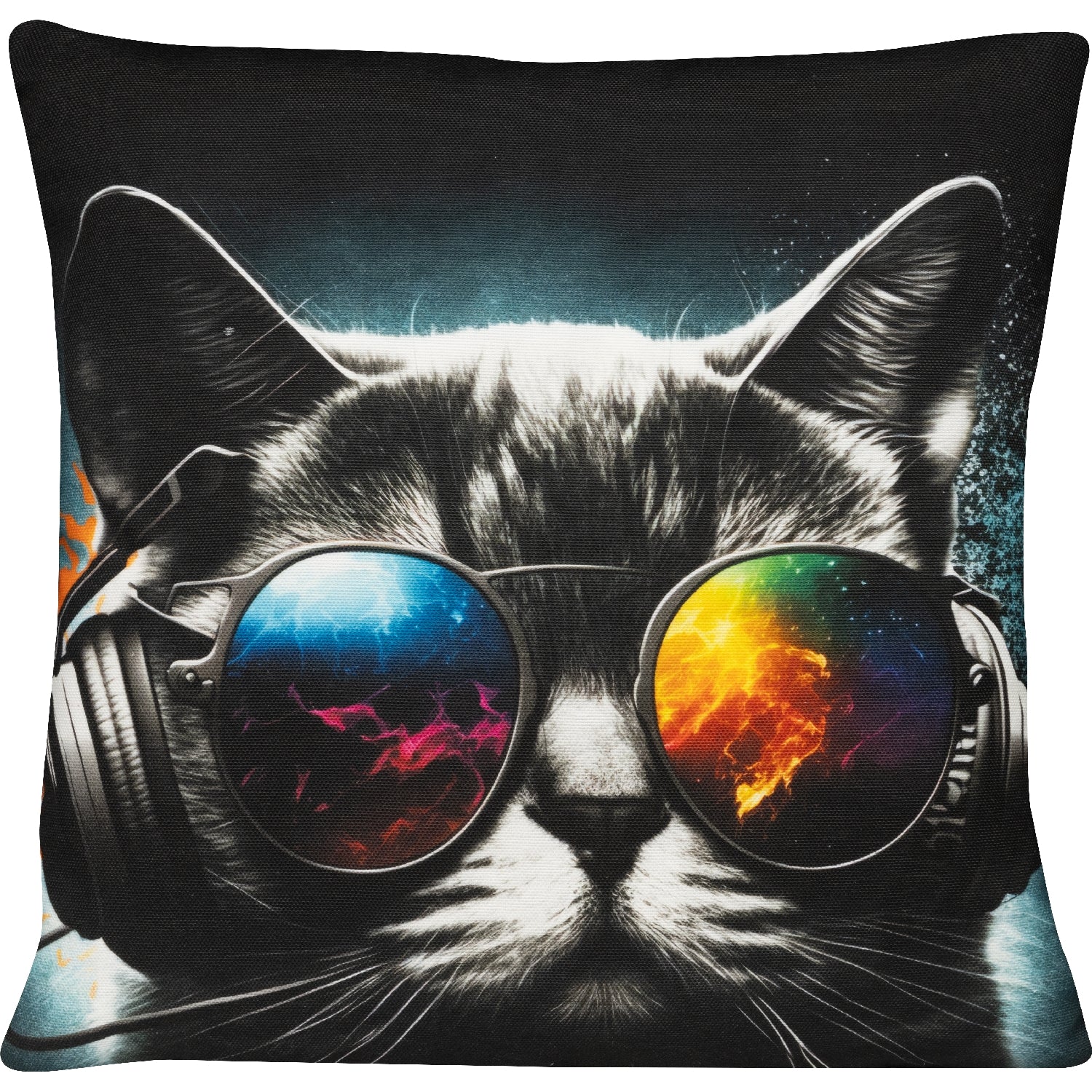 lustiges Dekokissen mit einer coolen Katze in Sonnenbrille und Kopfhörer