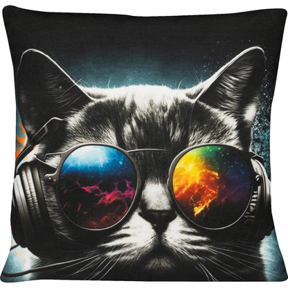 lustiges Dekokissen mit einer coolen Katze in Sonnenbrille und Kopfhörer