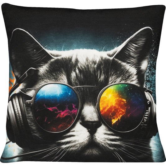 lustiges Dekokissen mit einer coolen Katze in Sonnenbrille und Kopfhörer