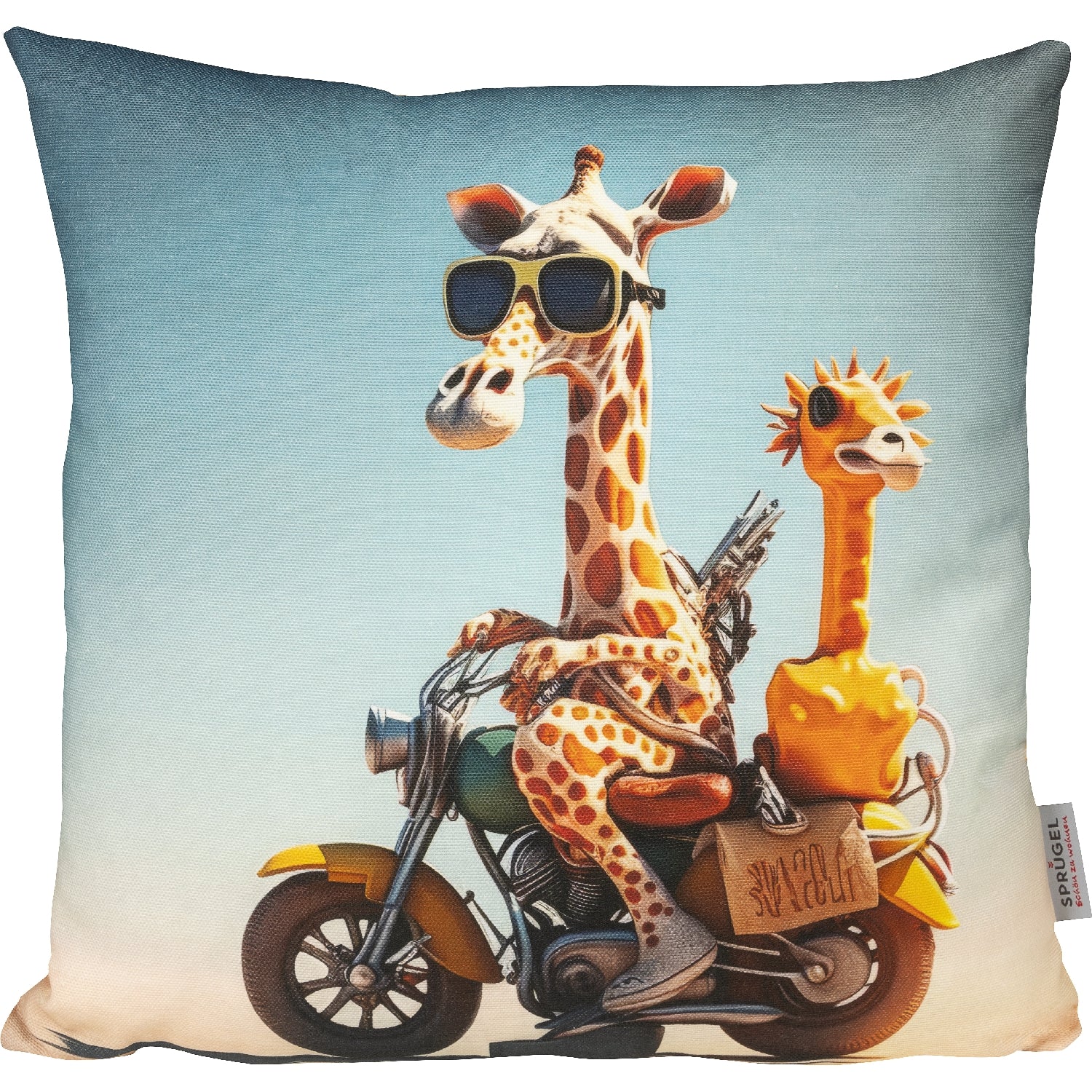 lustiges Dekokissen mit einer Giraffe auf dem Motorrad