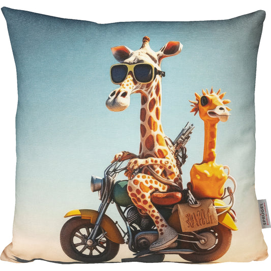 lustiges Dekokissen mit einer Giraffe auf dem Motorrad