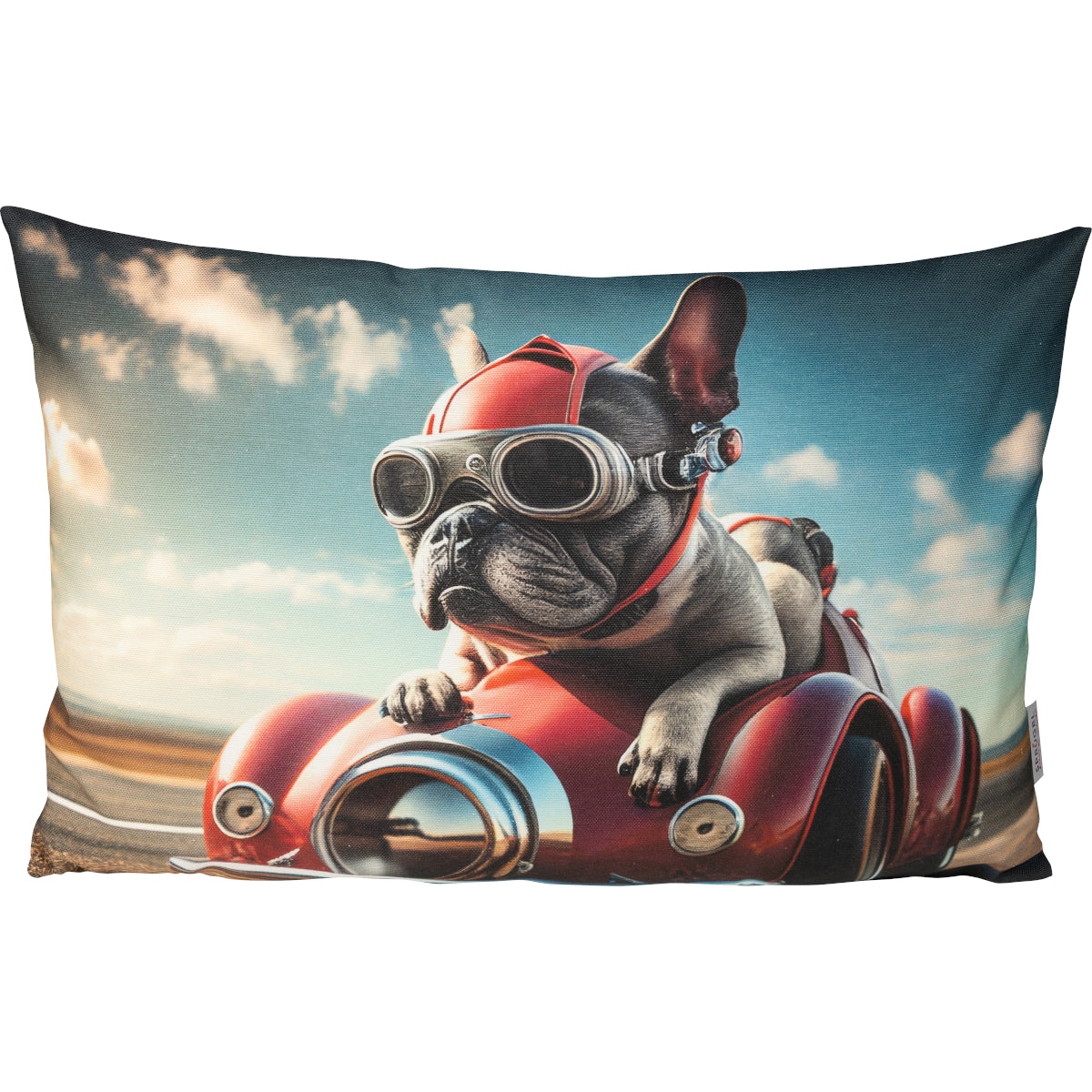lustiges Dekokissen mit einer Bulldogge als Rennfahrer