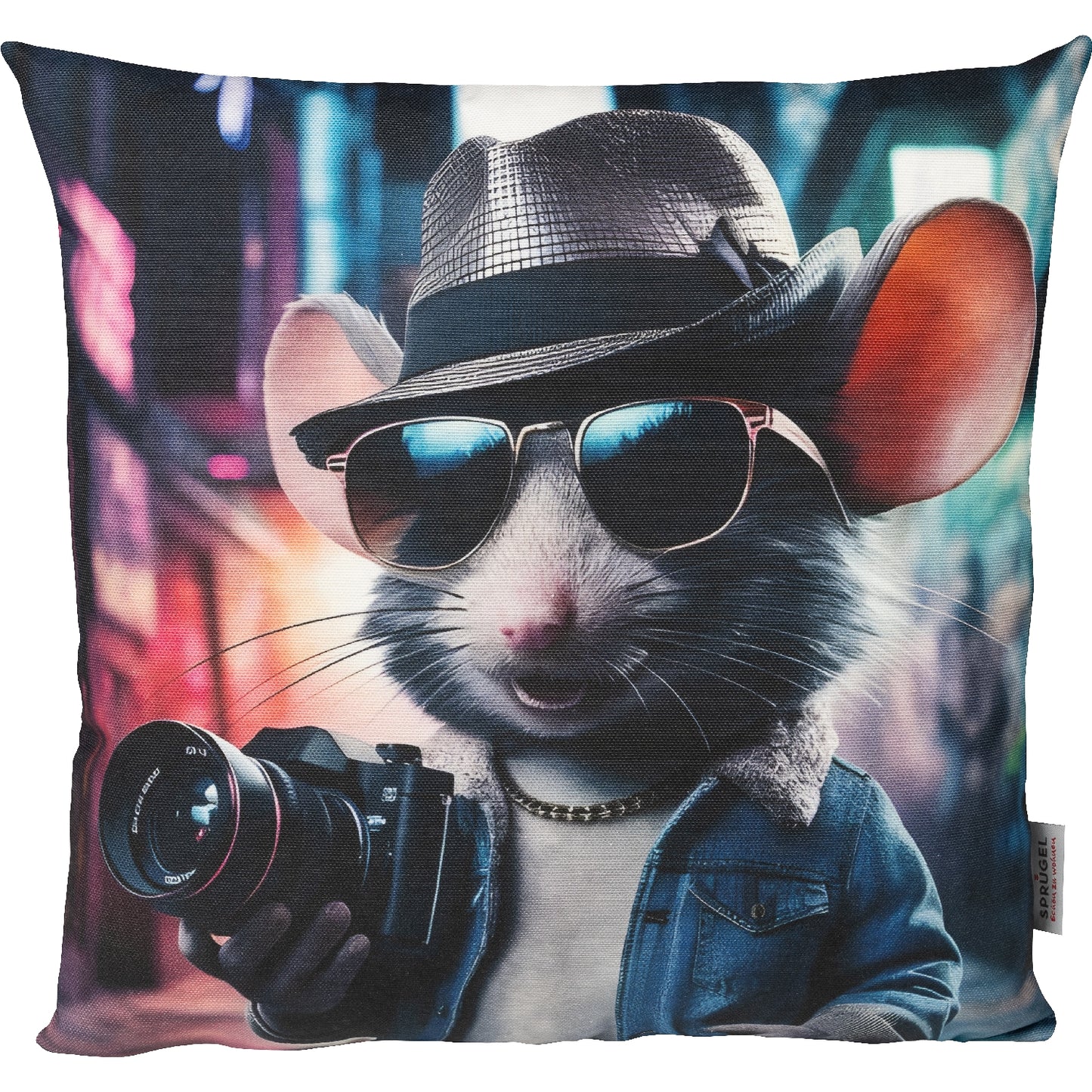 lustiges Dekokissen mit einer Ratte als Fotograf