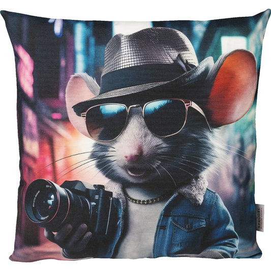 lustiges Dekokissen mit einer Ratte als Fotograf