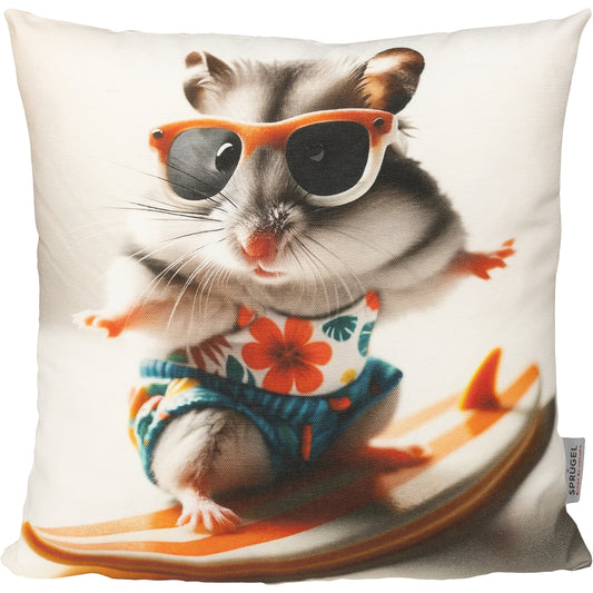 lustiges Dekokissen mit einem Hamster als Surfer