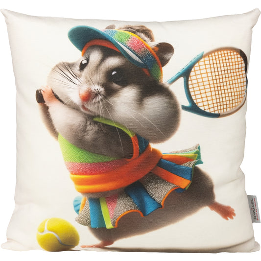lustiges Dekokissen mit einem Hamster der Tennis spielt