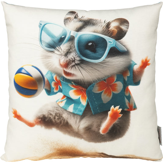 lustiges Dekokissen mit einem Hamster der Volleyball im Sand spielt