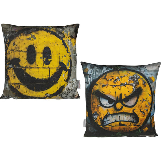 lustiges Wende-Dekokissen mit lachenden und wütenden Smiley